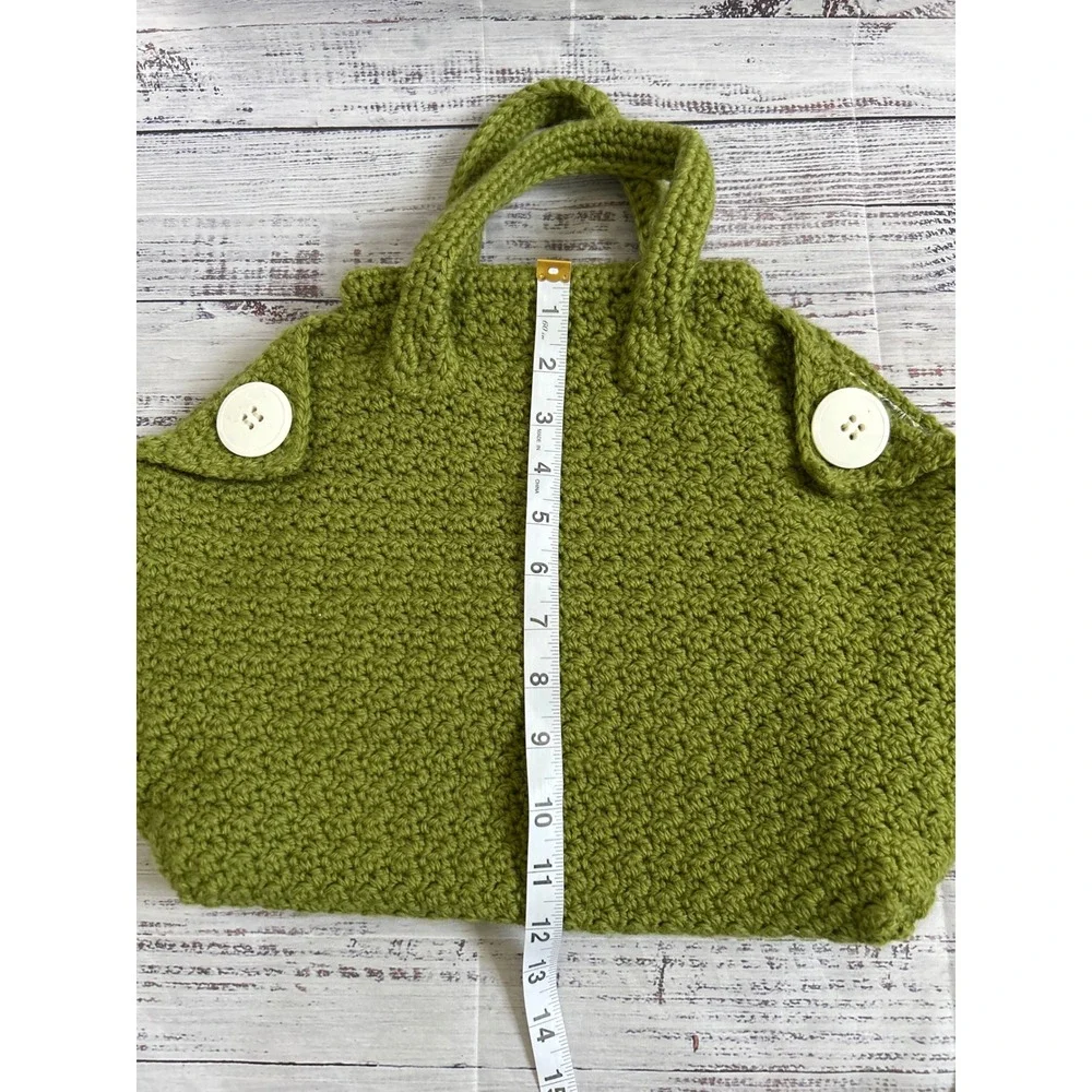 Crochet Tote Bag Handmade Green Floral Lining Boho Cottage Button Accents Large